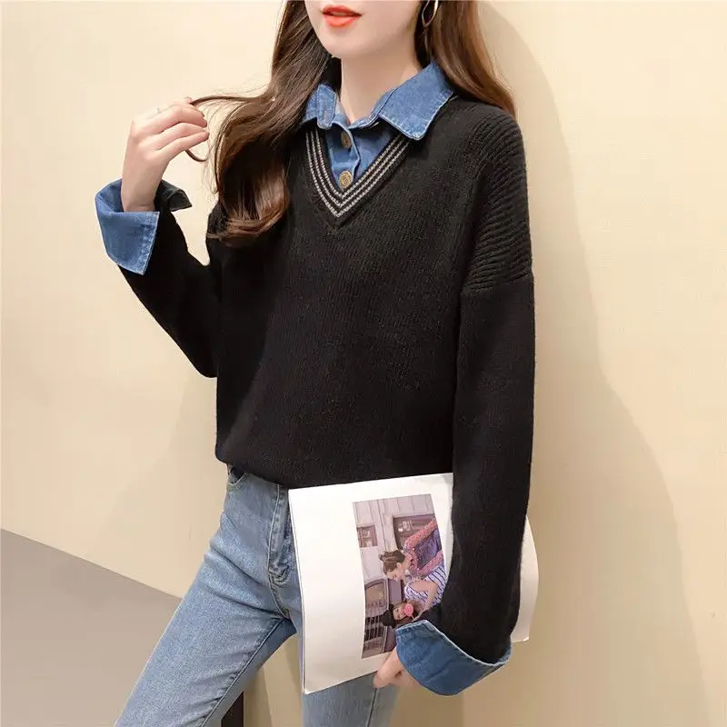

Fake Two Piece Splicing Denim Shirt Collar Sweater Female Autumn and Winter Fashion Knitting Female