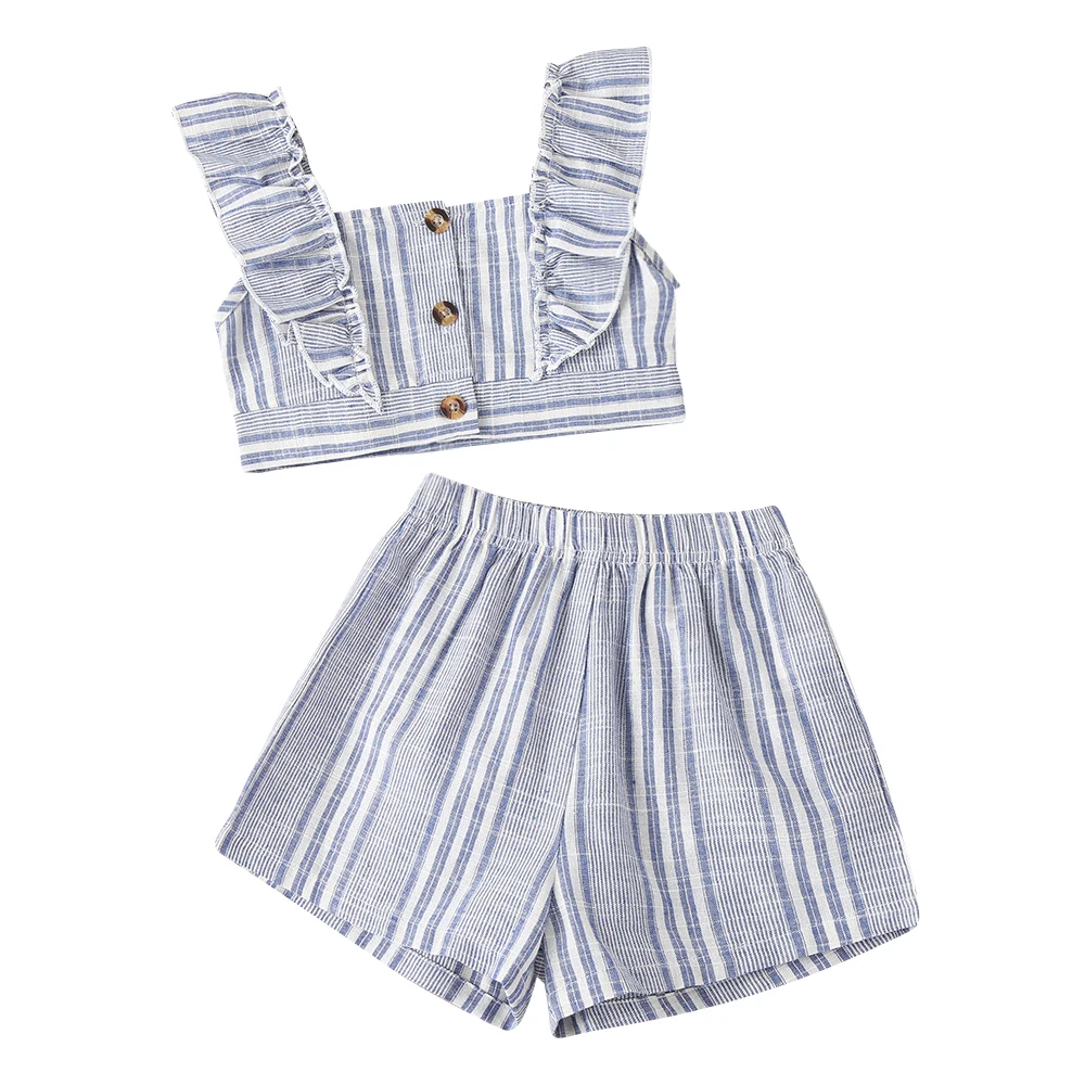 

Одежда для маленьких девочек, летняя одежда, укороченный топ на бретелях с оборками без рукавов + шорты, комплект