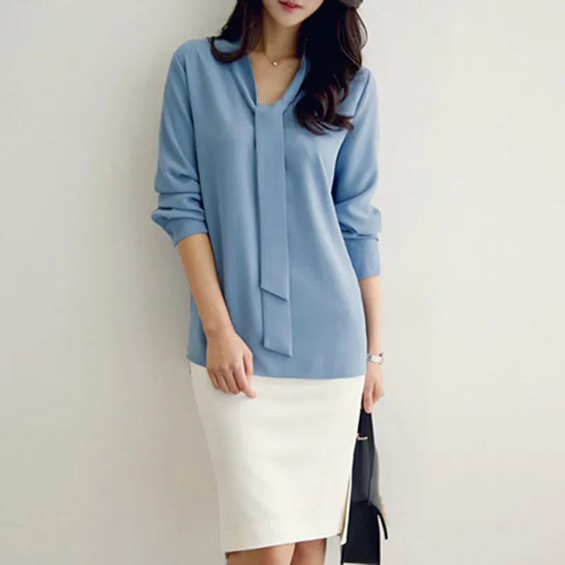 Для офиса для девушек длинный рукав Женские однотонные Цвет рубашка шифоновая