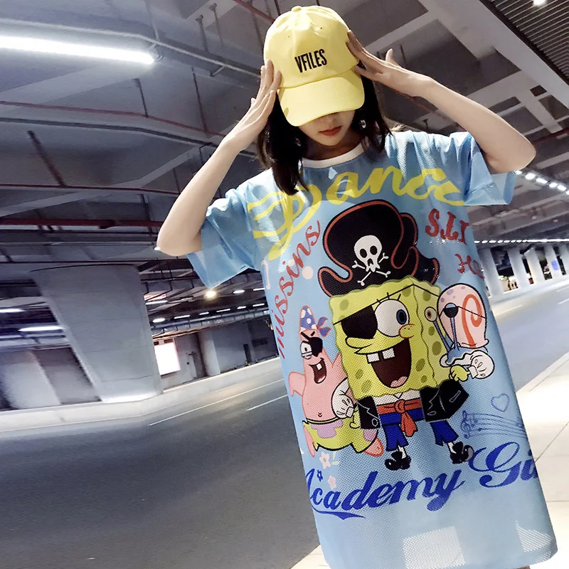 

2021 Trendy Loose Mid-length T-shirt Women's Mesh Ice Silk Cartoon Printed T-blood Top Polo Shirt