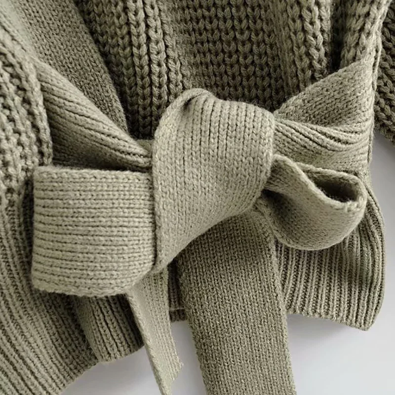 

Onoti cardigans solid belt sweaters women autumn outwear casual tops elegant V neck puff sleeves vintage warm cardigans sweter