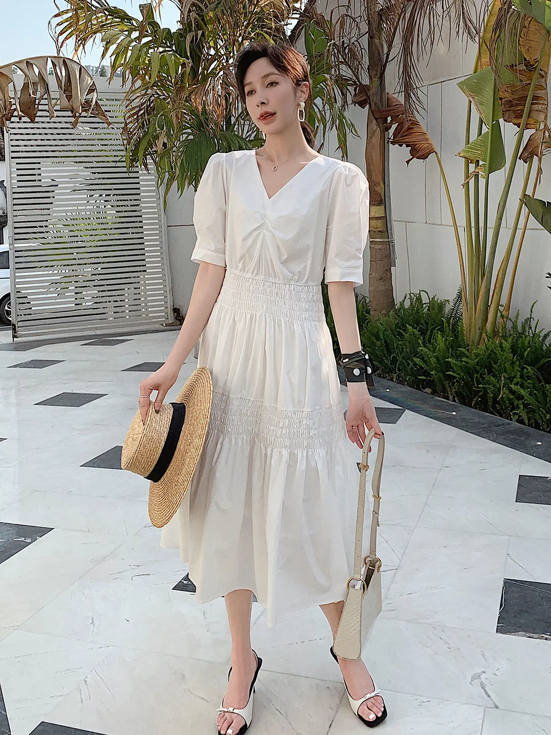 

Dresses for Women Summer White Kikyou Dress Women's Puff Sleeve V-neck Elastic Waist Vintage High Waist Fairy Dress