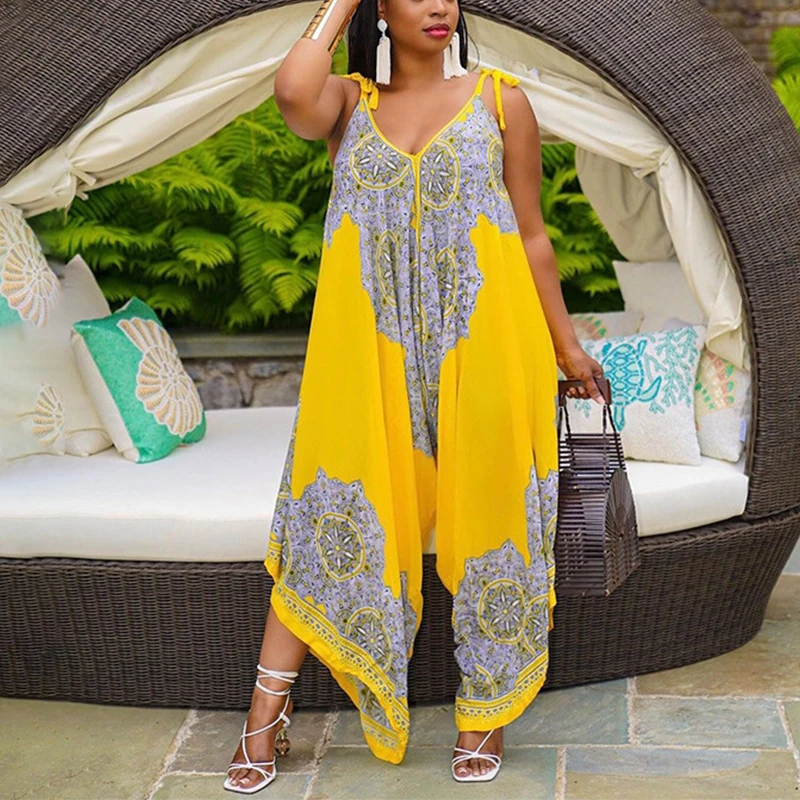 

Summer Straps Spaghetti Strap Loose printing Jumpsuit Casual Plus Size Overalls