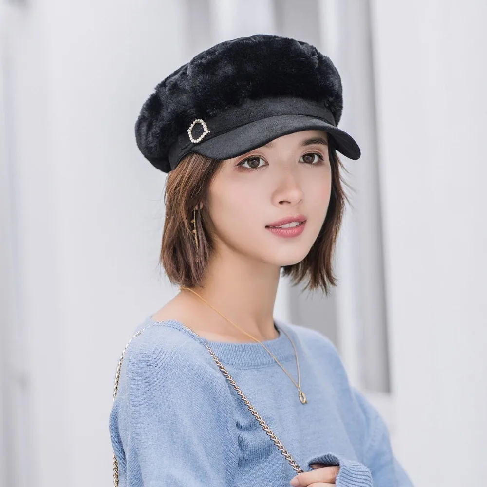MAERSHEI/ Модные женские береты gorras, женская шапка в стиле милитари с кроличьим мехом, утолщенная теплая плоская кепка, восьмиугольные шапочки Newsboy