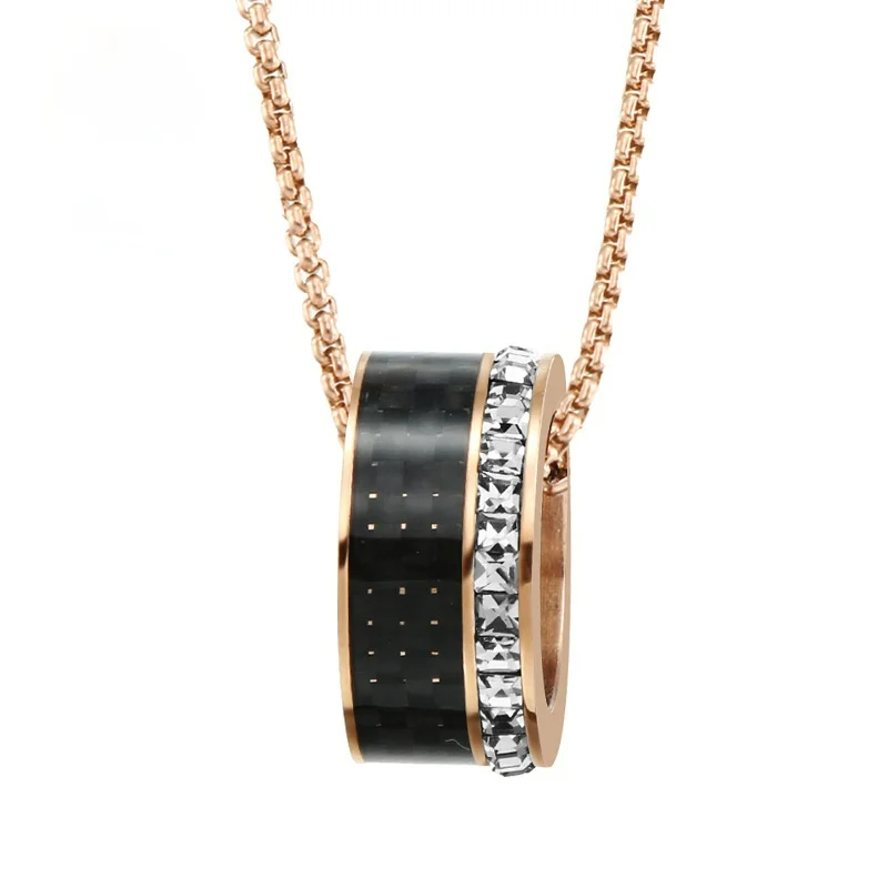 

Classic Stainless Steel Couple Black Rose Gold Pendant Circle Crystal Stone Carbon Fiber Pendant Jewelry Gift