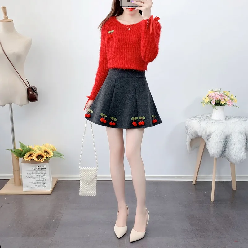

New Winter Fall Women Brim Lady Skirts Posed Cherry Sweater Two-Piece Outfit Pullover Top Long Sleeve Knitwear Sweet Girl Set