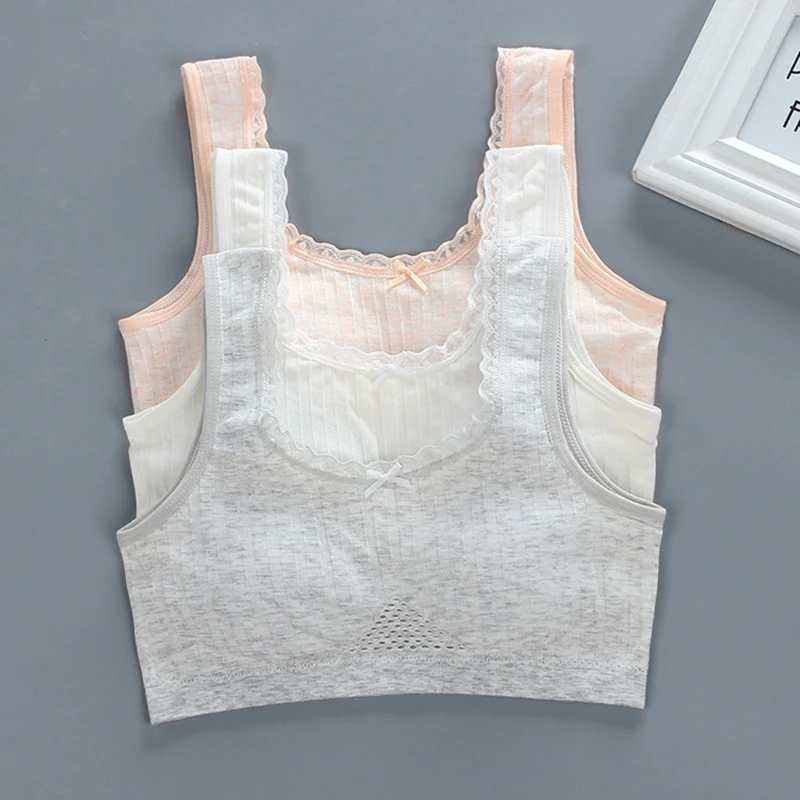 

T5EC Young Girl Cotton Training Bra Mesh Lace Solid Color Bralette Padded Crop Vest