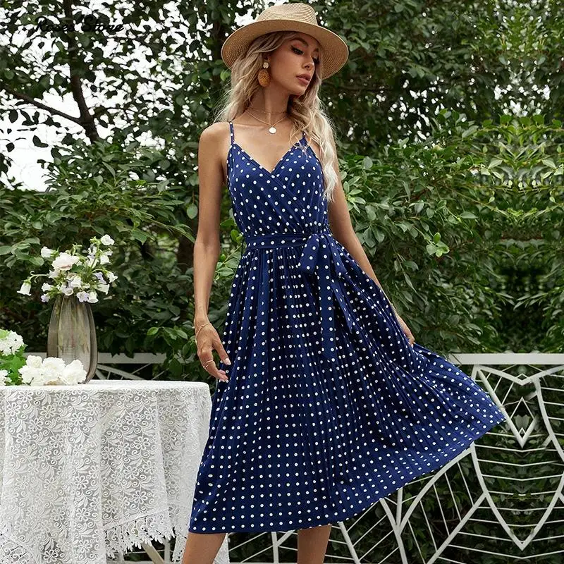 

2021 Summer New Backless Cami Midi Dresses with Belt Women's Polka Dot Sundress Elegant Navy Blue Sleeveless Clothes for Ladies