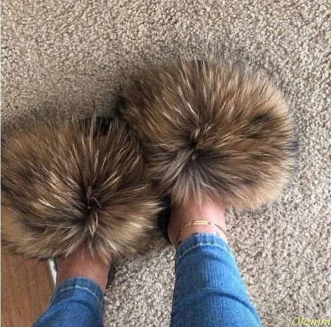

Real Raccoon Fur Sandals Women Sliders Casual Fox Hair Flat Fluffy Home Summer Big Size 45 Furry Flip Flops Shoes wholesale