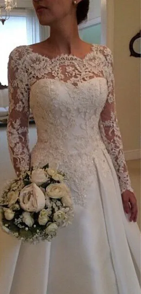

Vintage Appliques Lace Wedding Dress with Long Sleeve New elegant Handmade Beaded applique imported Satin Long Sleeve wedding