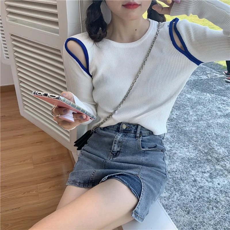 

Knitted Off Shoulder Long Sleeve T Shirts Casual Style Spring Autumn Women's Clothing Tees Fashion Brand Korean Female Crop Top