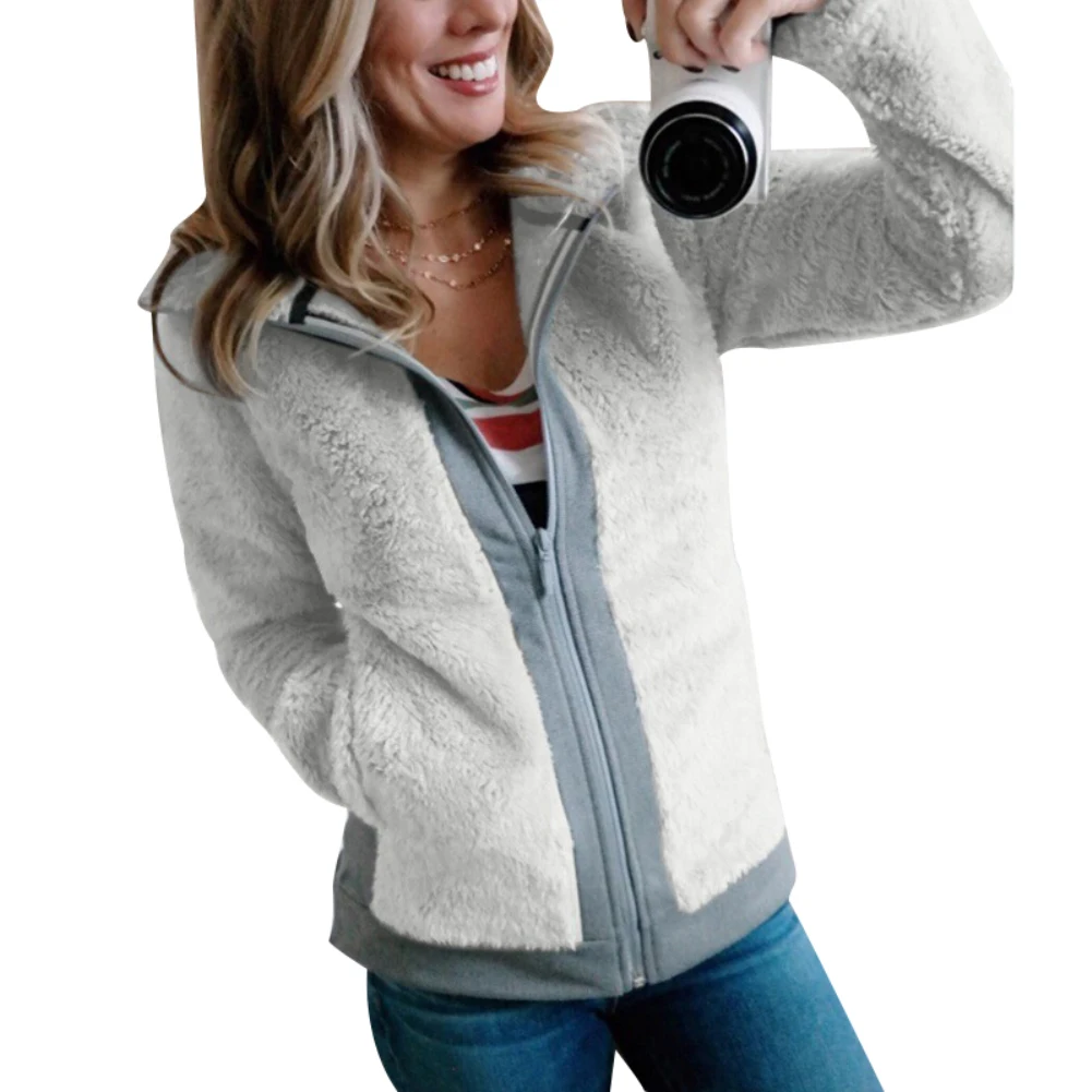 Модная женская куртка зимняя плюшевая с отворотом длинным рукавом теплая на