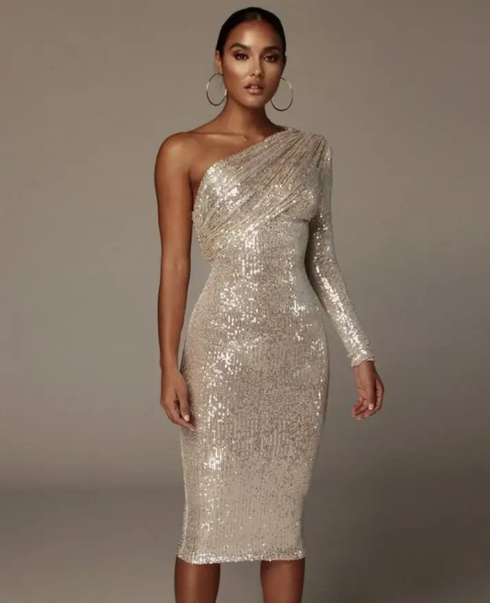 Зимнее женское сексуальное платье на одно плечо с длинным рукавом и блестками