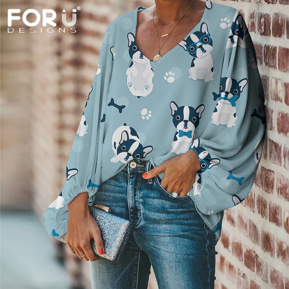 

FORUDESIGNS Large Size Blouse Kawaii French Bulldog Prints Blouse 2020 Casual Loose Long Sleeve Shirt Tops V-neck Women Clothing