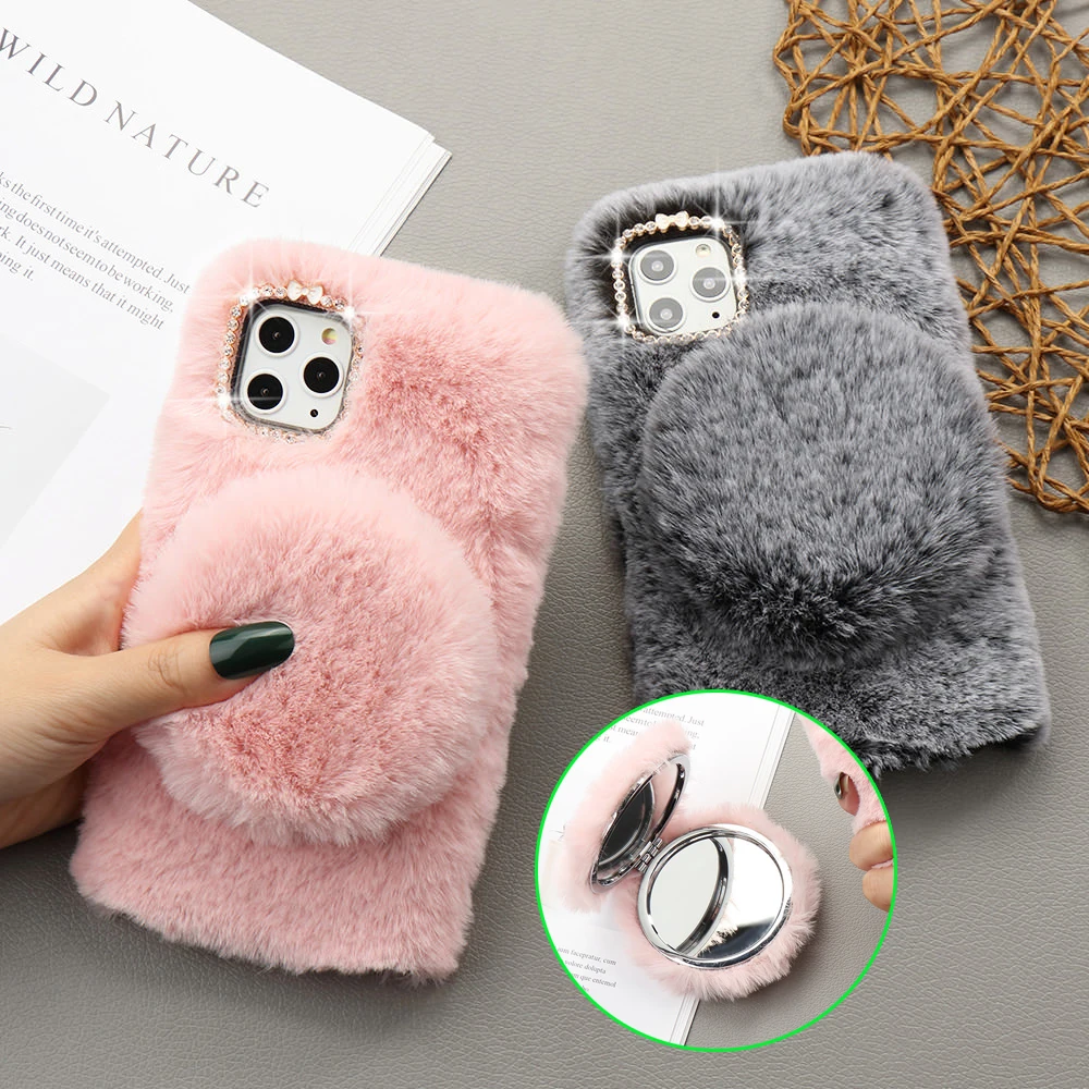 

Girl Glitter Mirror Fur Phone Case for IPhone 11 Pro Max XS XR X 12 Mini Warm Furry Fluffy Cover for iPhone 6 6S 7 8 Plus SE2