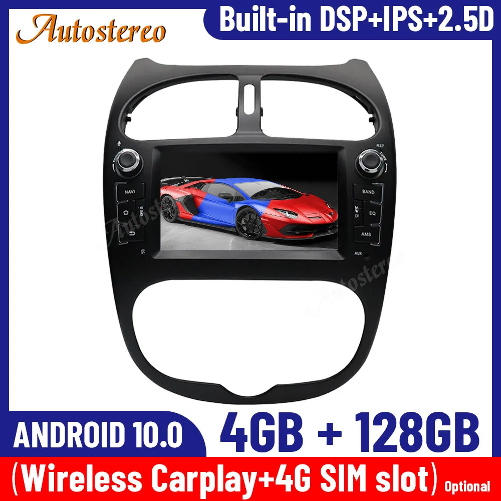Carplay Android 10 4 + 128G для PEUGEOT 206 2000 2016 автомобильный радиоприемник с навигацией GPS