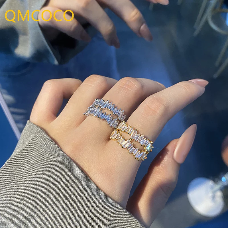 

QMCOCO 925 Silver Luxury Zircon Double Student Open Rings For Woman 2021 New Fashion Finger Jewelry Wedding Party Girl Sexy Ring