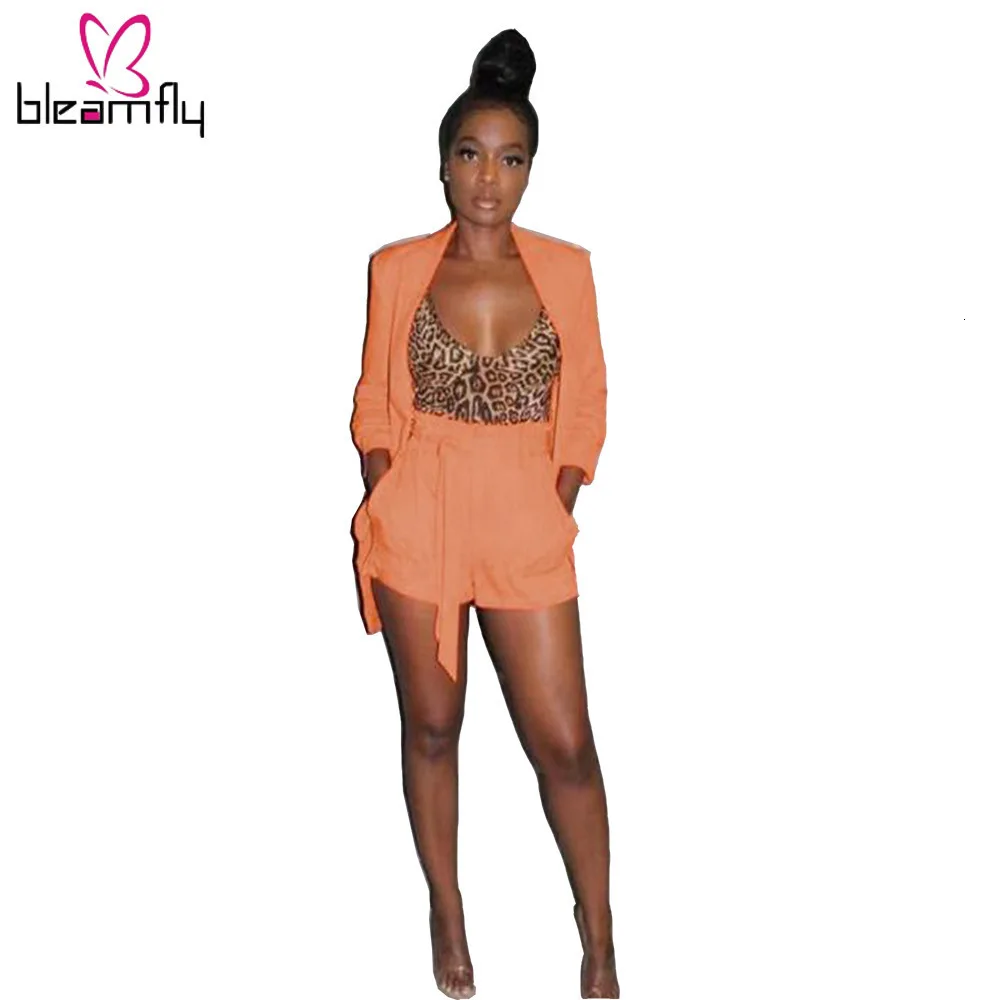 2019 женский осенний зимний блейзер с длинным рукавом топ и шорты костюм поясом