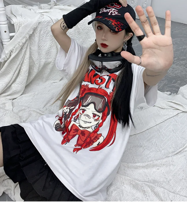 

anime print gothic couple t shirt women Summer Female Cool BF Style Female Kpop Tshirt Summer Streetwear Black Girls t-shirt