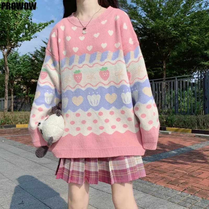 

Japanese Girl Kawaii Knitted Pullover Lady Cute Strawberry Printing Long Sleeve Sweater 2020 Winter Women Vintage Pink Knit Top