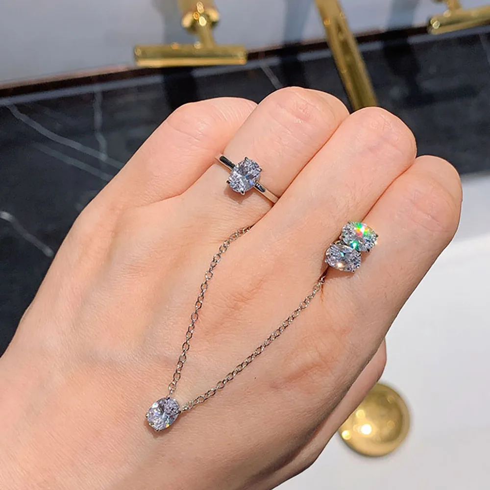 

Women's Silver 925 Wedding Jewelry Sets Vintage 6*8mm Lab SONA Diamond Gemstone Stud Earrings Rings Pendant Necklace for Women