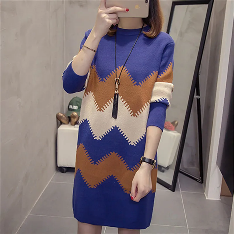 Осенне зимние женские модные свободные платья свитера средней длины теплые