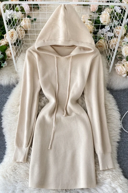 

Net red the same knitted dress women's wild short casual hooded slim long-sleeved bottoming skirt tide
