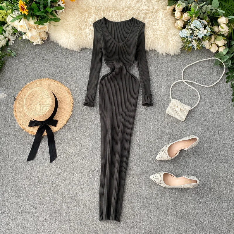 

Women Autumn Knitted Dress V Neck Sexy Slim Elastic Oversized Basic Bodycon Long Dress Winter knit Warm Sweater Dresses