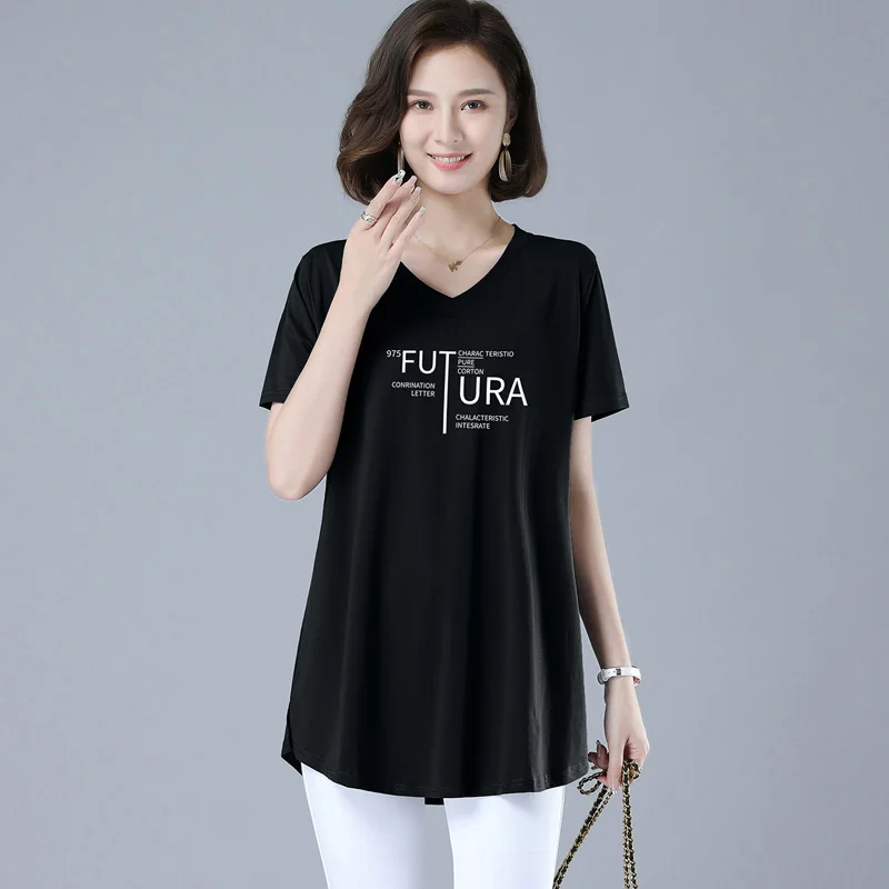 

New Women T-shirt Summer 2021 Large Size Casual V-Neck Short Sleeve All-match Mid-Length Loose T-shirt Elastic Tees Tops
