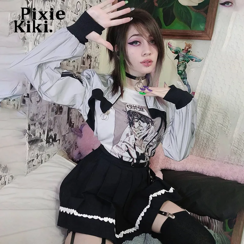 

Уличная одежда в стиле Харадзюку PixieKiki Y2k, плиссированная юбка с принтом Love, Готическая гранж, черные высокие юбки, мини-юбки в стиле темной А...