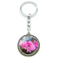 tafree peach blossom picture glass pendant round jewelry glass gem cabochon keychain metal keychain for girls