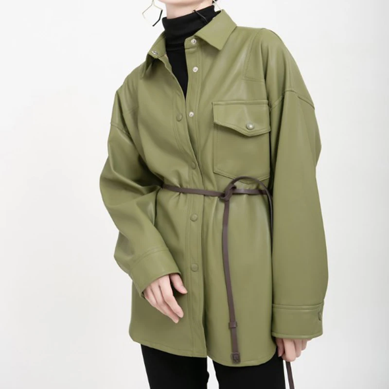 

Cultiseed Women Pocket PU Leather Long Jacket Female Single Breasted Warm Loose Casual Long Coats Office Work Party Outerwear