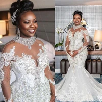 plus size illusion long sleeve bride gowns african nigerian jewel neck lace up back mermaid applique wedding dresses