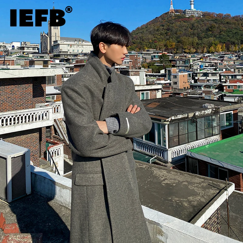 

IEFB Men Korean Trend Single Breasted Woolen Coat Long Sleeve Lapel Autumn Winter Thickned Overcoat New Label Cuff Design Cloth