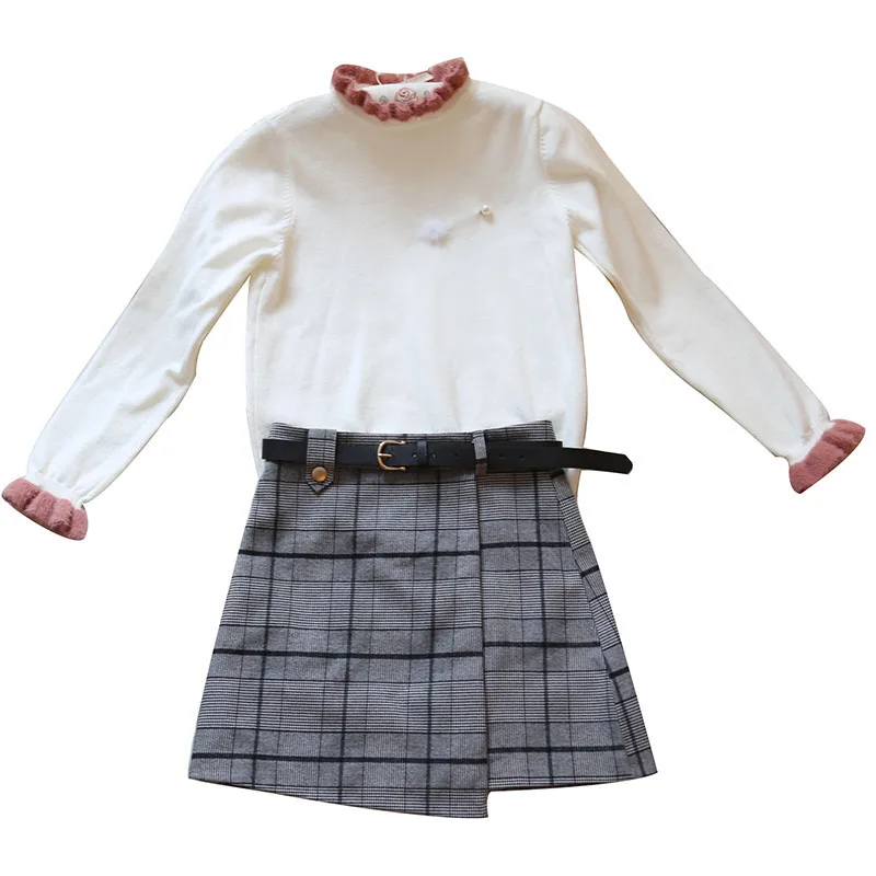 

Autumn/Winter Collar Stitching Long-Sleeved Rabbit Hair Sweater & Irregular Grid Skirt Women 2 Pcs Clothing Set Skirts Vestido