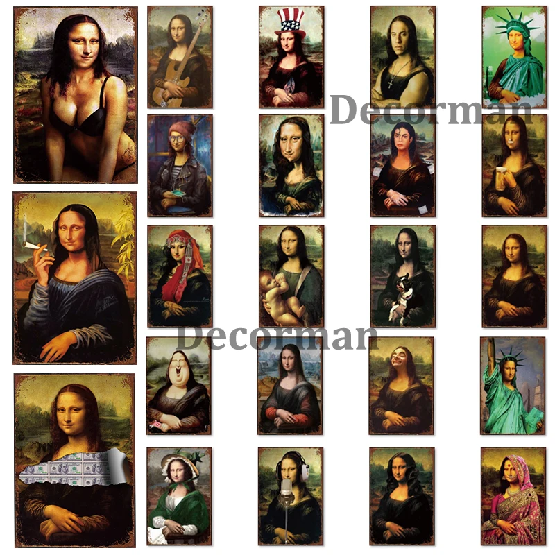

[ Mike86 ] New Mona Lisa Smiles Smoking Metal Sign Retro Wall Posters iron Sticker Gift art Decor for room LTA-1728 20*30 CM