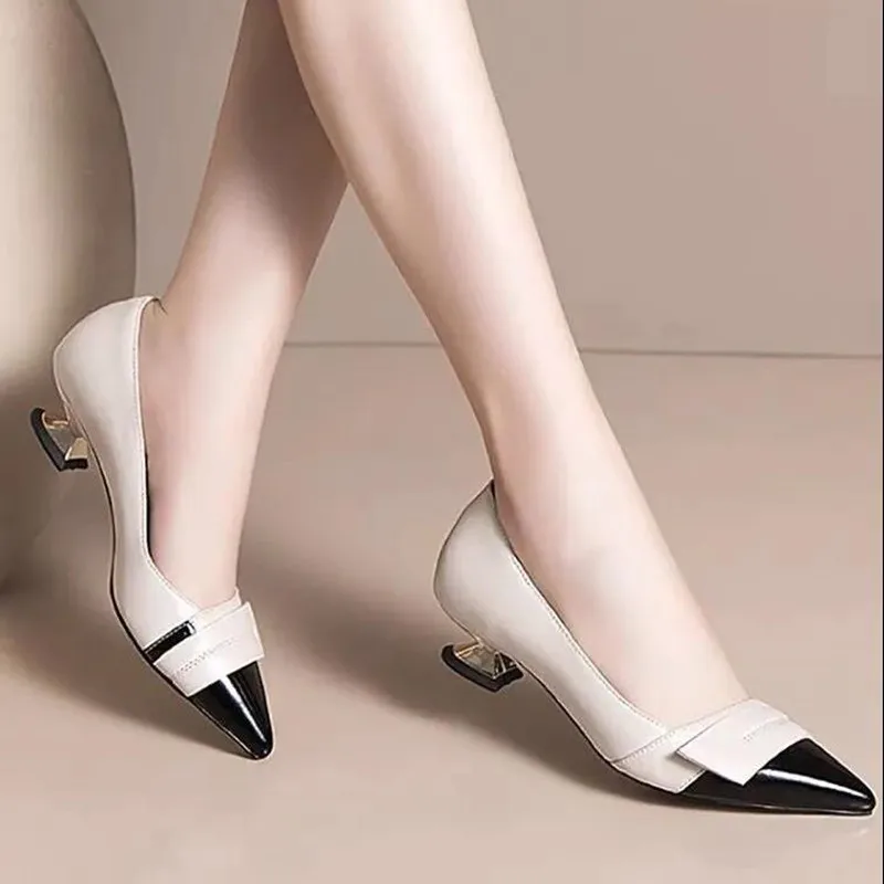 

Женские повседневные весенние туфли на квадратном каблуке, бежевые и черные удобные кожаные туфли без застежки, B9288