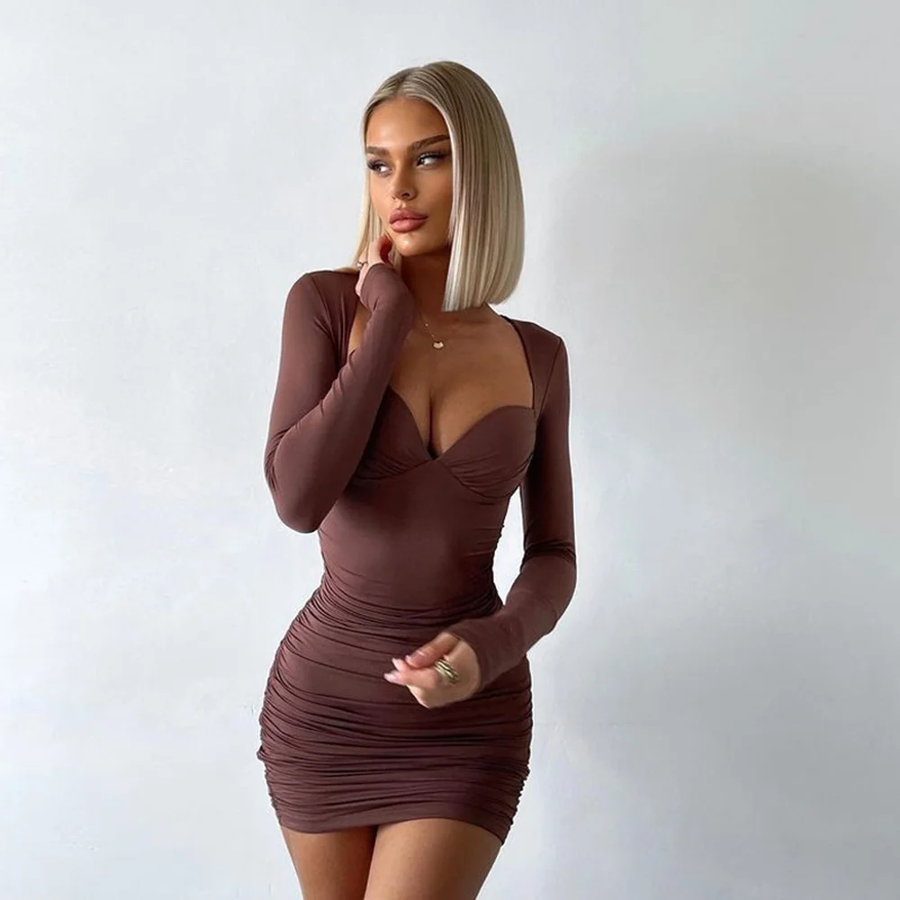 

Echoine Elegant Ruched Skinny Dress V-neck Long Sleeve Sexy Bodycon Mini Dresses Black Party Night Club Vintage Vestidos Autumn