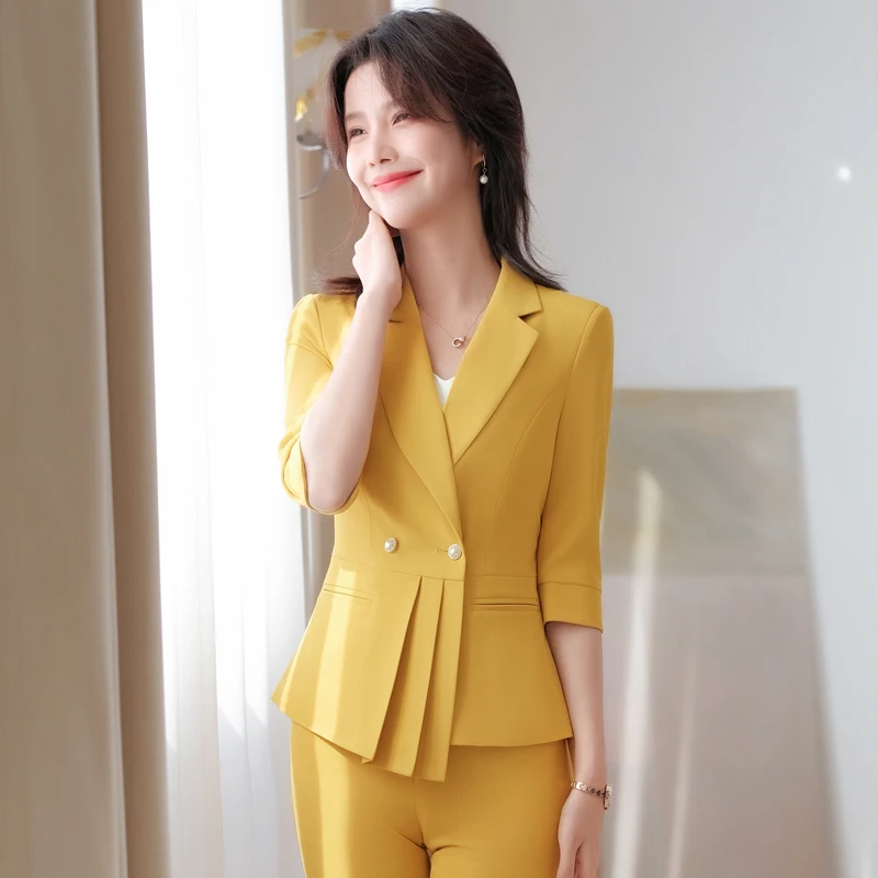 

Formal Uniform Designs Business Suits Elegant Pink for Women Career Interview OL Styles Professional Blazers Pants Suits Summer