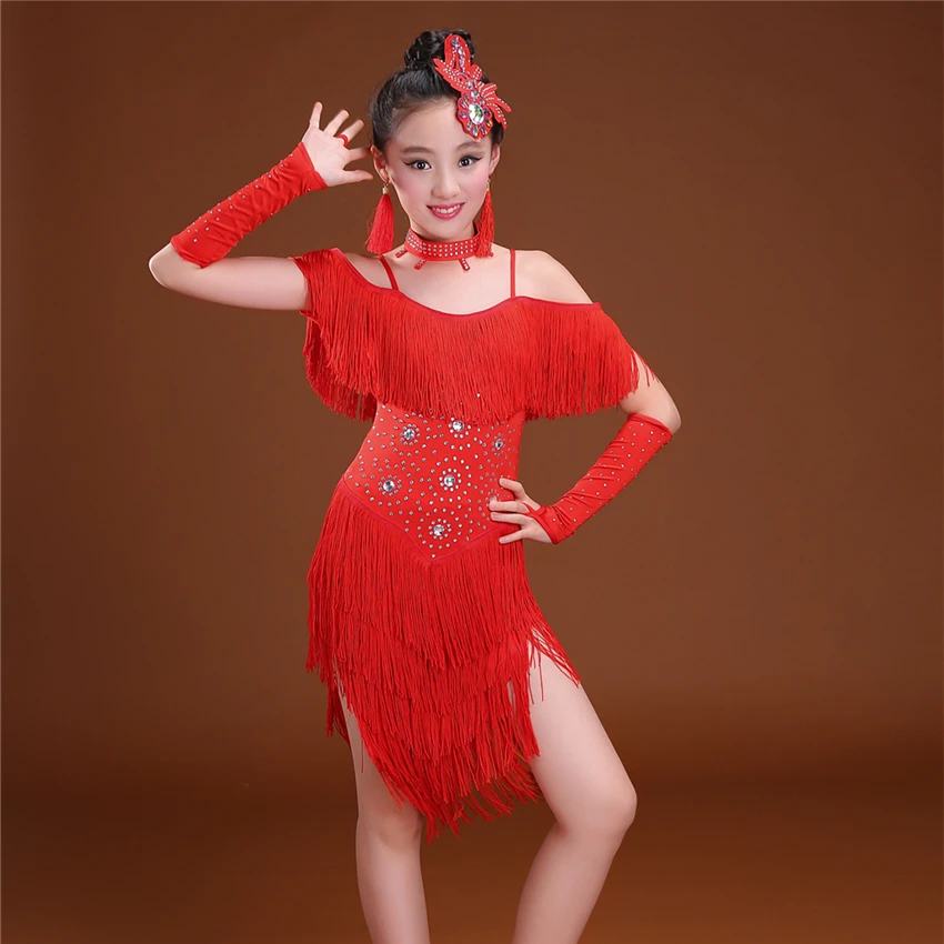 Детское платье для латиноамериканских танцев с бахромой и блестками