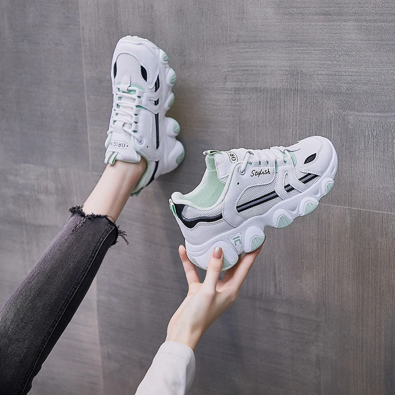 

2021 Spring Sneakers Women Thick Bottom Daddy Shoe Thick Bottom Round Toe Breathing Leisure Female Vulcanize Tenis Running Shoes