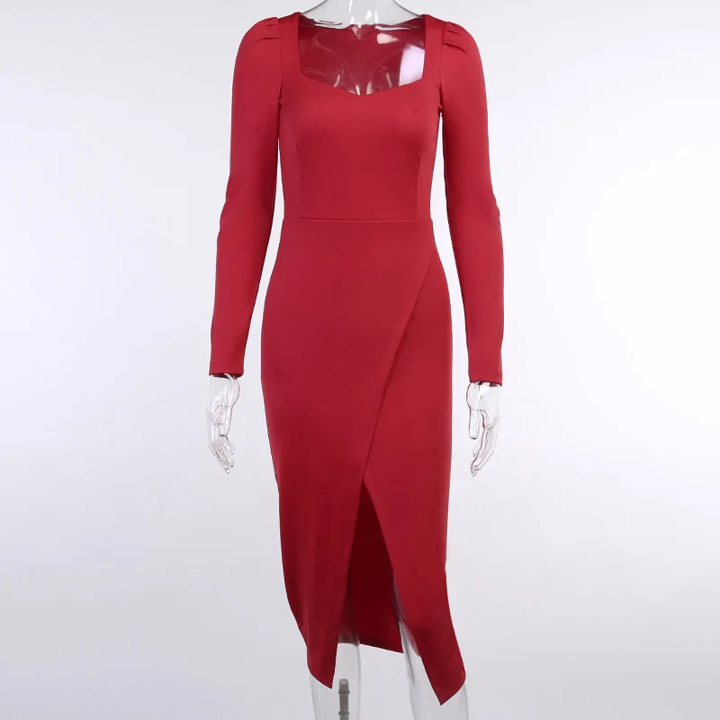 

Women Dress Autumn Winter Casual Solid Color Long Sleeve Elegant Office Lady Dress Sexy Square Collar Party Dress