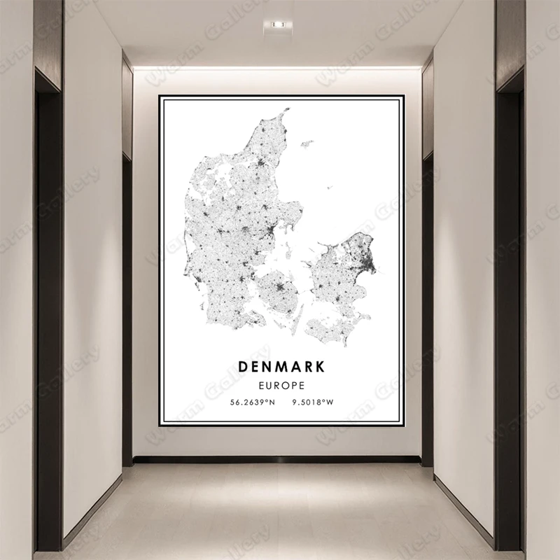 Черно-белая фотография карта Дания городская Плакат HD печать на стене рисунок