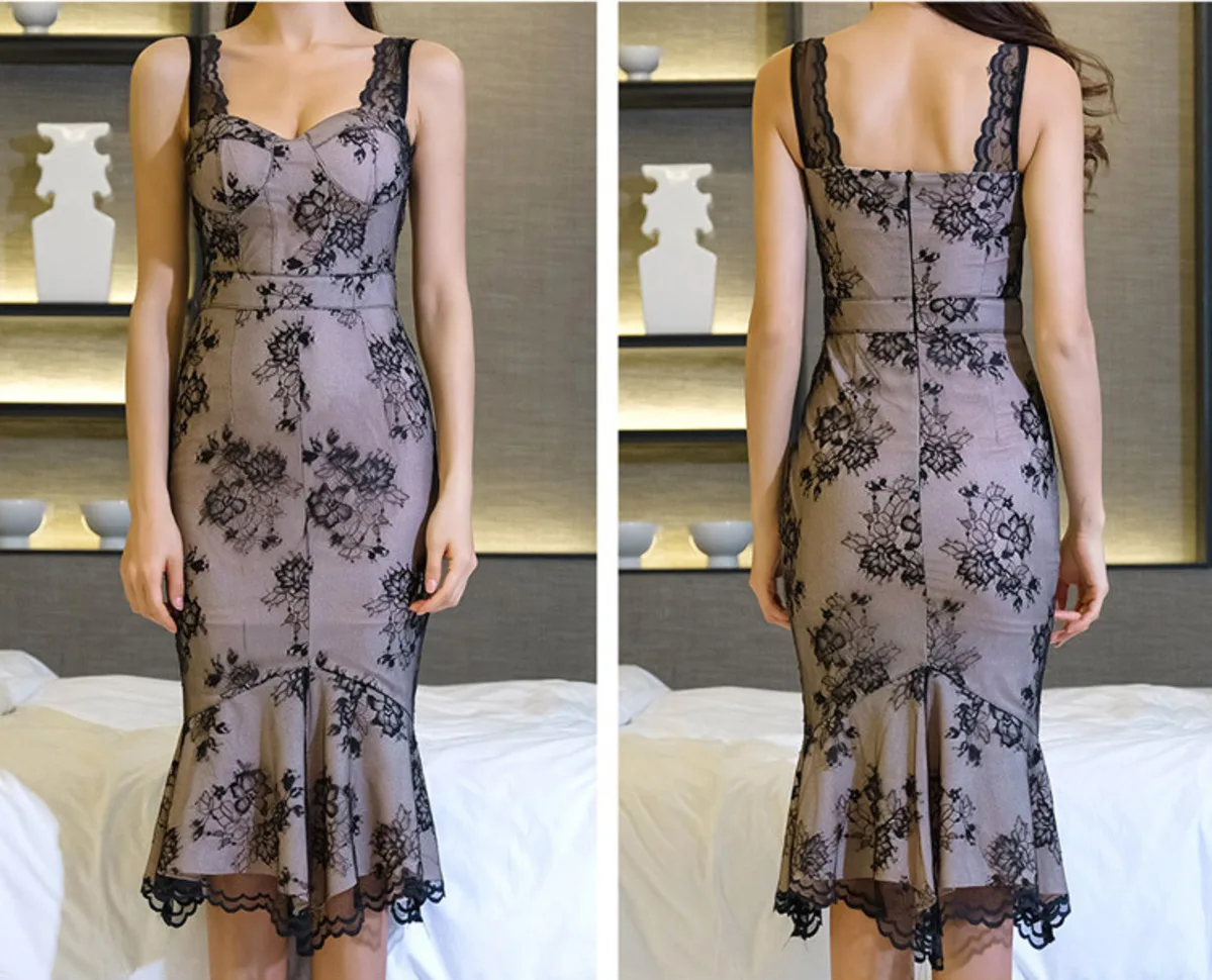 

BacklakeGirls 2020 Women Summer Black Lace Cocktail Dress Sexy Sleeveless V-neck Evening Mermaid Elegant Party Vestidos