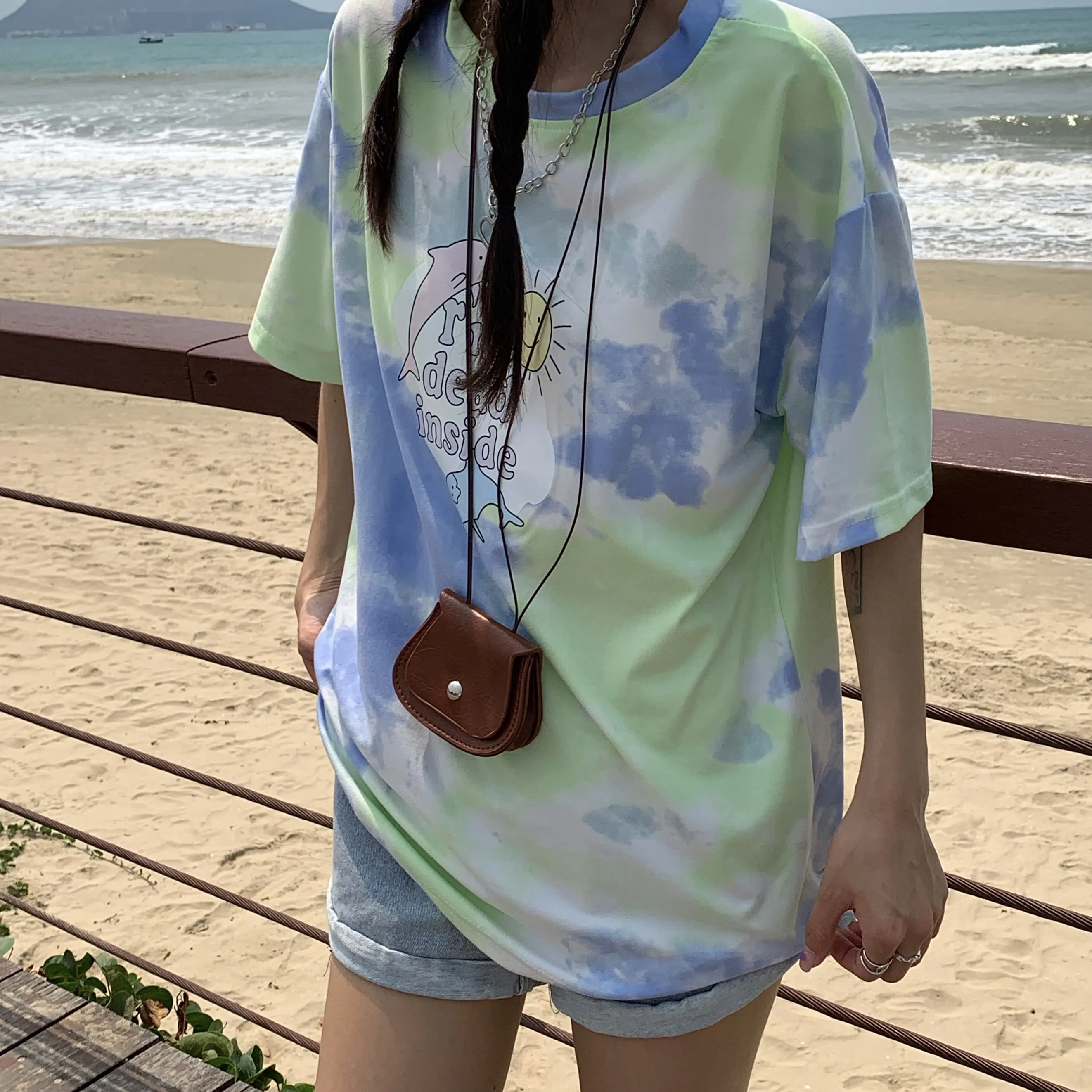 

Summer new style tie-dye cartoon printing round neck loose casual t-shirt half sleeve college style top women