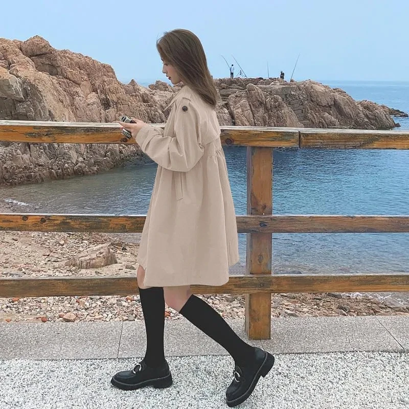 

Women A Font Windbreaker Mid-Length Jacket2021 Female Spring Autumn New Casual Coat French Double-breasted Korean Loose CoatA199