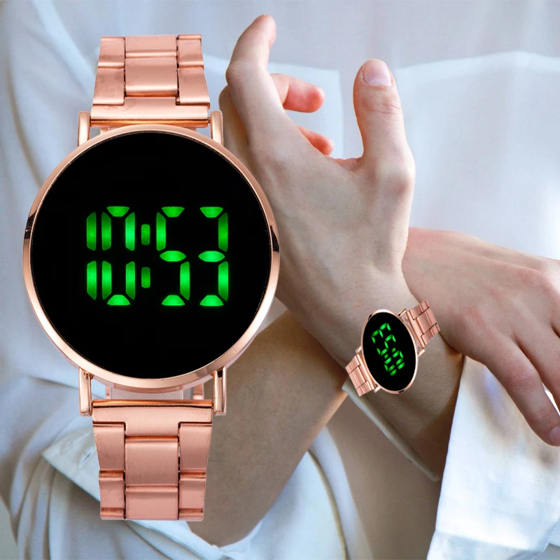 

Sports Watch for Women Men Stainless Steel Watchband Digital LED Electronic Wristwatch Round Dial Big Watch zegarek damski