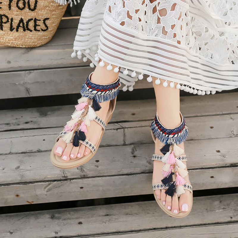 Богемский этнический стиль женские летние сандалии ручной работы с кисточками и