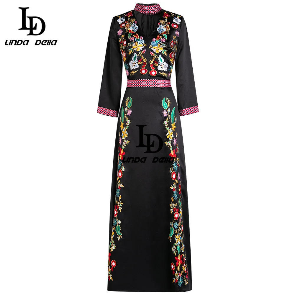 LD LINDA Делла модное Дизайнерское черное длинное платье женское с рукавом 3/4 и v