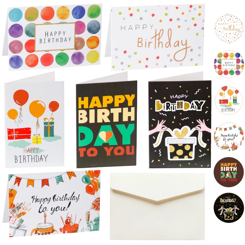 6sets Happy Birthday Cards Cute Balloon Assorted Greeting Card with Envelopes and Stickers Party Folded Gift | Дом и сад